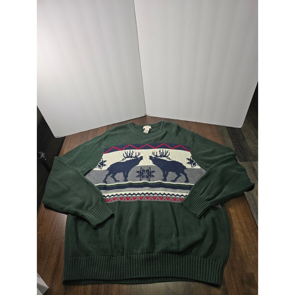 Dockers Mens XL Green Cotton Moose Fair Isle Intarsia Crewneck Sweater Pullover